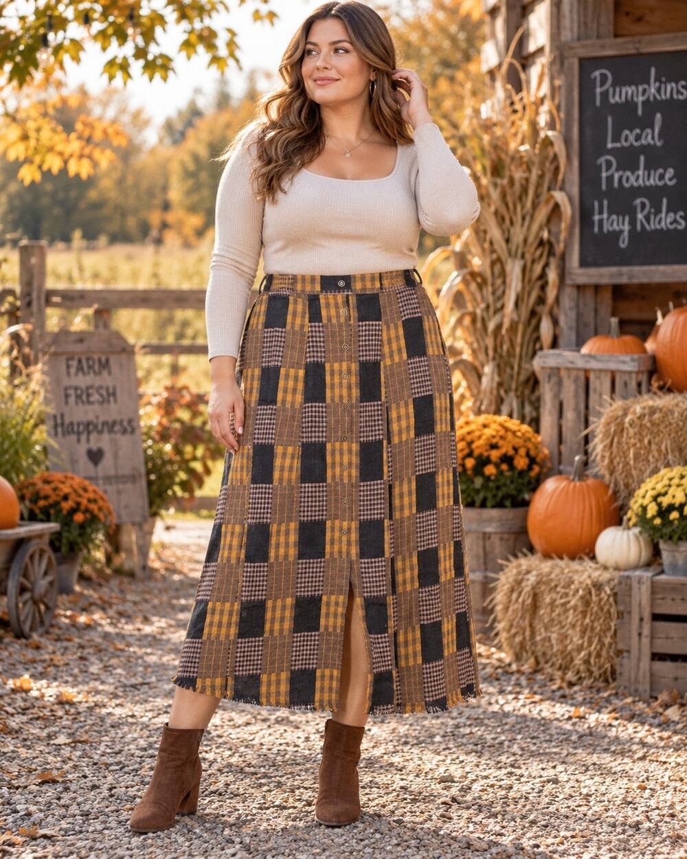 Mystree Women’s Large Patchwork Plaid Cotton Midi Skirt Faux Button Frayed Hem